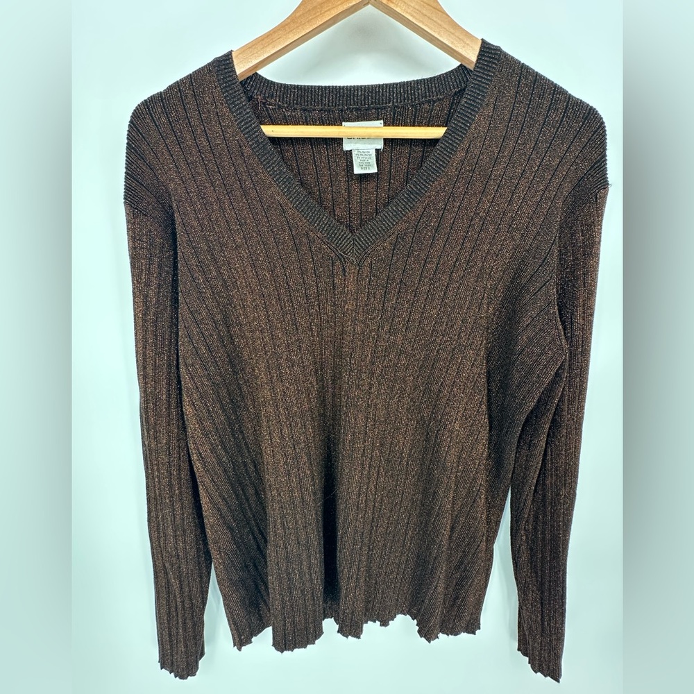 Chico's Chocolate Gold Sparkle V-Neck Ribbed Sweater XL Holidays Evening Casual